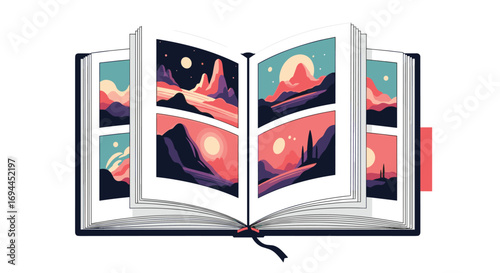 An open book reveals vibrant pixel art landscapes of alien worlds