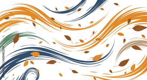 Autumn wind blowing leaves across textured swirling brush strokes in earth tones and blue