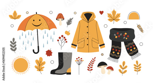 Autumn weather clothing and accessories for rainy day fun