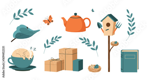 A whimsical collection of springtime objects including a birdhouse and tea set
