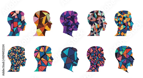 Diverse abstract geometric human head silhouettes collection representing minds