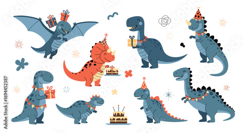 Happy birthday dinosaurs celebrating with gifts and cakes fun festive illustration