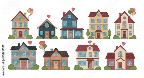 Charming houses with balloons and hearts adorning a suburban street scene