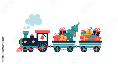 Festive christmas train delivering holiday gifts and a pine tree