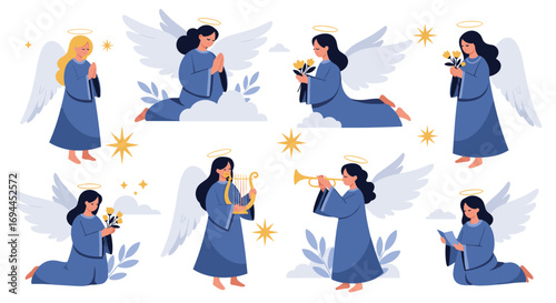 A celestial gathering of angels with heavenly attributes and divine grace