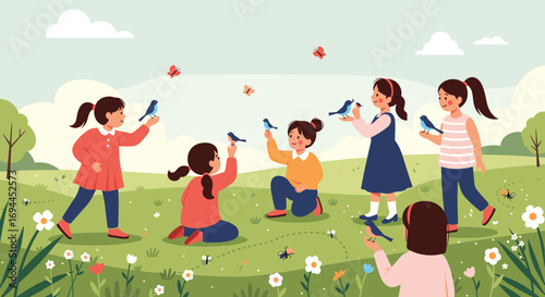 Young girls in a sunny meadow gently interacting with bluebirds and butterflies on a beautiful spring day