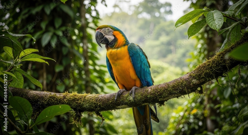 Obraz premium A vibrant blue and yellow macaw perches on a mossy branch amidst lush green jungle foliage with visible water droplets