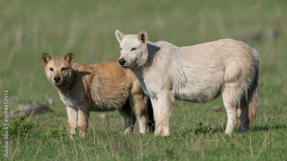 Fototapeta premium Two young cattle calves standing together in a grassy field on a sunny day