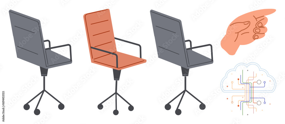 custom made wallpaper toronto digitalRotating office chairs highlighted with a red option, a pointing hand indicating choice, and an AI-inspired brain. Ideal for recruitment, decision-making, innovation, technology, leadership, career