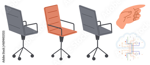 Wallpaper Mural Rotating office chairs highlighted with a red option, a pointing hand indicating choice, and an AI-inspired brain. Ideal for recruitment, decision-making, innovation, technology, leadership, career Torontodigital.ca