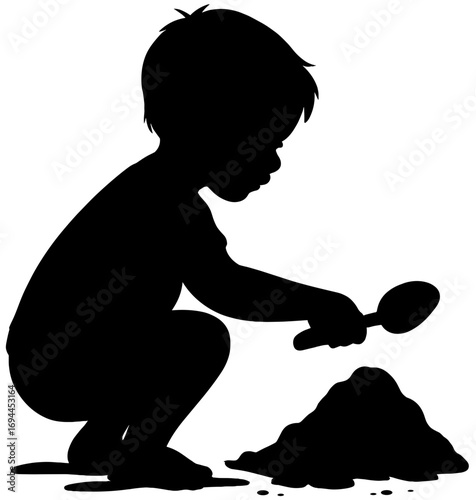 Silhouette of Child Playing with Sand and Toy Shovel