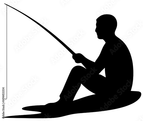 Silhouette of Man Fishing While Sitting with Rod | Outdoor Hobby Illustration