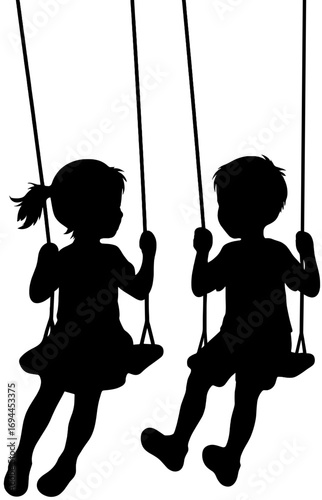 Silhouette of Two Kids Playing on Swings Vector Illustration