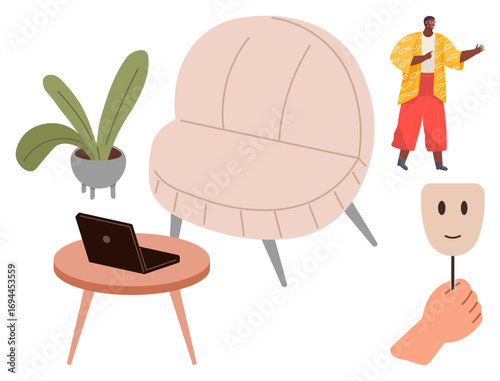 Armchair next to table with laptop, potted plant, hand holding a mask, and a person in vibrant outfit. Ideal for creativity, comfort, identity, work, home decor individuality self-expression