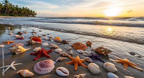 Fototapeta Naklejka Na Ścianę i Meble -  Seashells  Starfish at Sunrise Beach.