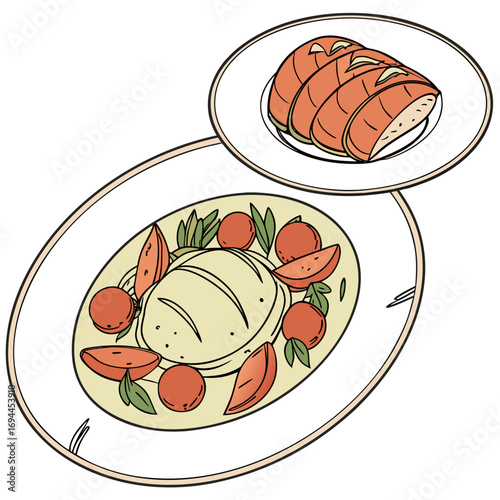 A delicious and healthy Italian appetizer, this Caprese salad features soft mozzarella cheese, juicy tomatoes, and fresh basil, served with bread