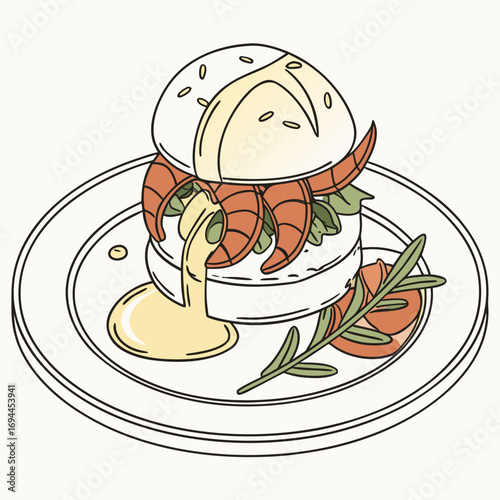 Elegant hand-drawn illustration of a delicious gourmet shrimp Eggs Benedict served on a plate for a luxurious brunch