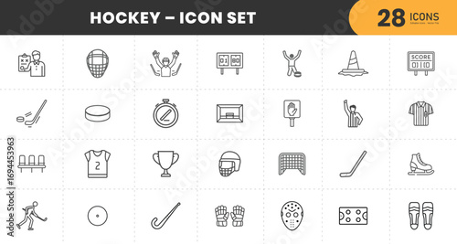  Hockey icon set, ice hockey and field hockey symbols, sports equipment, referee signs, scoreboards, players, trophies, protective gear, thin line vector illustration collection