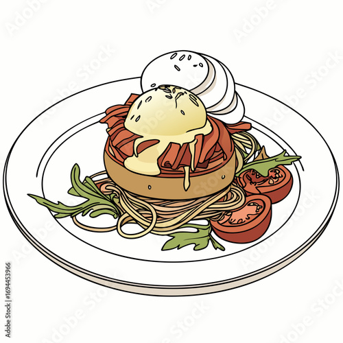 Illustration of gourmet Eggs Benedict with smoked salmon and pasta for a delicious brunch menu