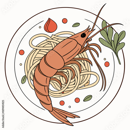 Artistic top-down illustration of a gourmet shrimp scampi pasta dish garnished with fresh herbs and spices