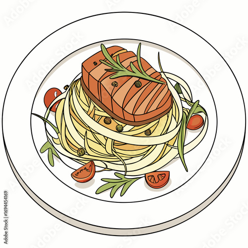 Gourmet pasta dish with a perfectly cooked salmon fillet, garnished with fresh cherry tomatoes, capers, and arugula