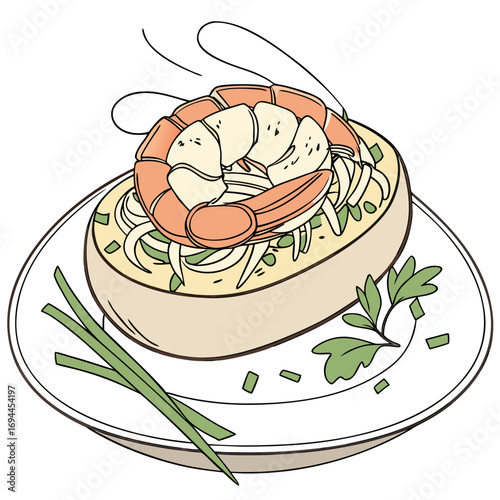Hand-drawn illustration of a gourmet shrimp bruschetta appetizer served on a plate with fresh chives and parsley
