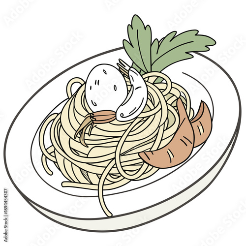 Appetizing hand-drawn illustration of a gourmet spaghetti dish with fresh shrimp, a soft poached egg, and a parsley garnish