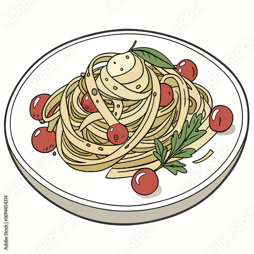 A beautifully illustrated plate of traditional fettuccine pasta, garnished with vibrant cherry tomatoes, a dollop of mozzarella, and fresh parsley