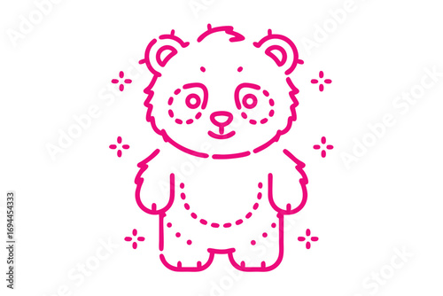 Smiling pink bear displays soft fur with stitched outlines around him on clean backdrop