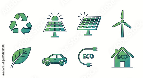 Eco-friendly energy and transport icons: recycling, solar, wind, leaf, car, and house