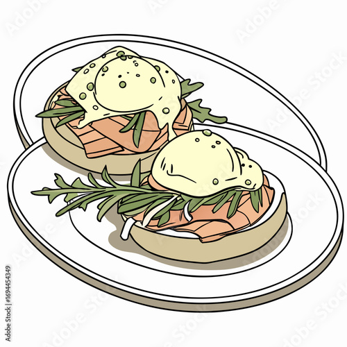 An appetizing vector illustration of Eggs Royale, featuring poached eggs and smoked salmon on muffins with creamy hollandaise sauce, a perfect breakfast dish