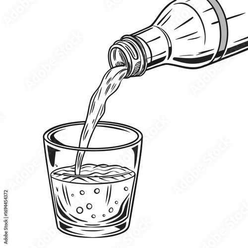 Monochrome vector illustration of pouring a bubbly, carbonated beverage from a bottle into a shot glass