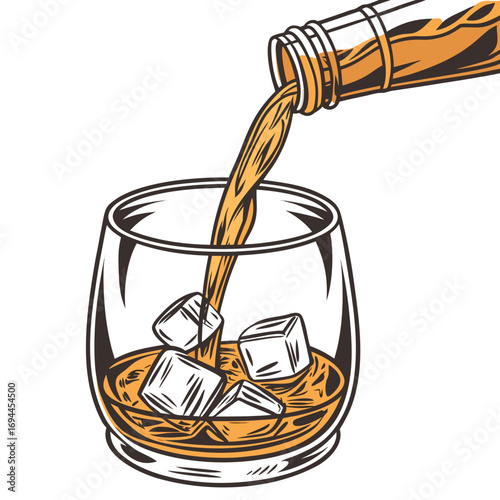 A vintage-style illustration of an amber-colored liquor being poured from a bottle into a classic rocks glass with ice cubes