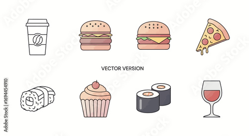 Vector Icon Pack Featuring Popular Fast Food, Drinks, and Desserts Collection