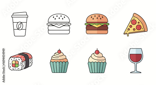 Vibrant Vector Icons of Popular Fast Food and Drinks - Coffee, Burgers, Pizza, Sushi, Cupcakes, Wine
