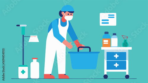 Equipment Sterilization An illustration of a medical assistant cleaning and sterilizing instruments and workspaces to ensure a hygienic environment.