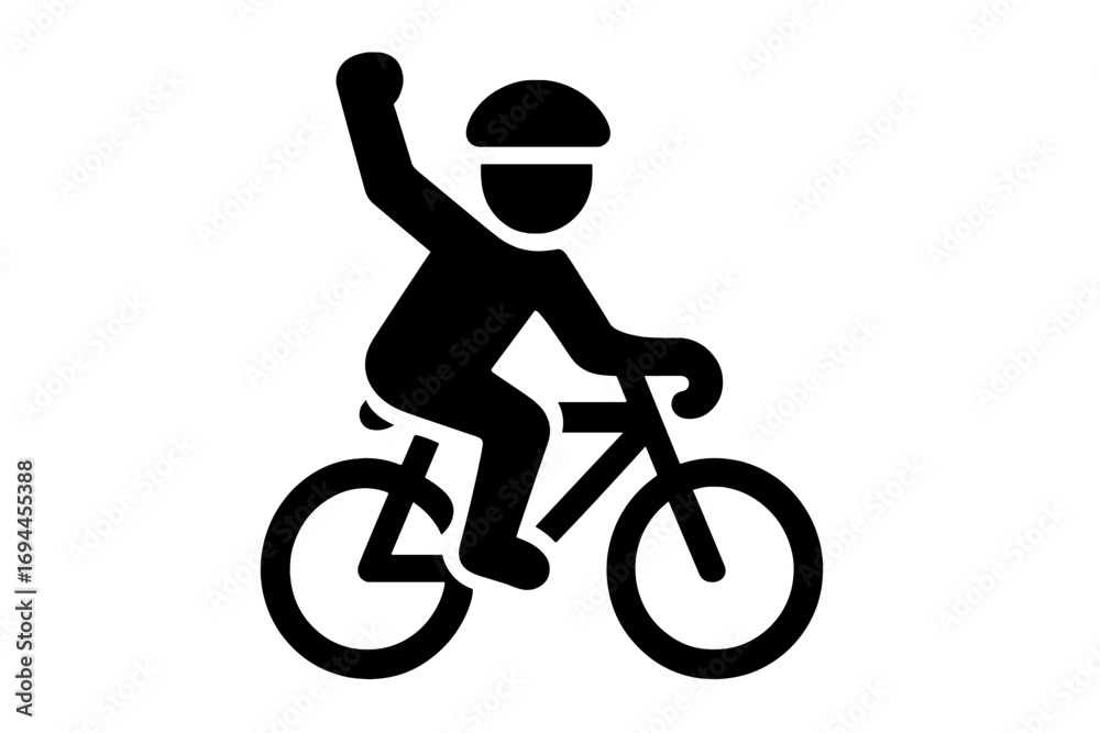 Fototapeta premium Simple black silhouette icon of a cyclist riding a bicycle with one arm raised in a gesture of victory or success on a white background