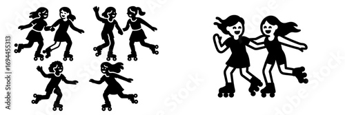 Black and white silhouette icon set of happy young girls roller skating together and having fun in various active poses