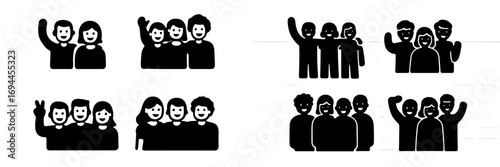 Collection of black silhouette icons depicting groups of friends and people together Symbol set for community social gathering teamwork and friendship