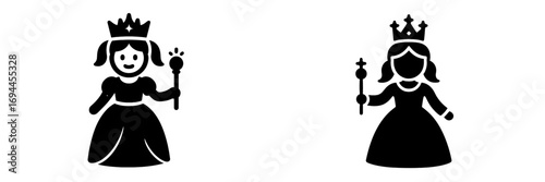 Queen and princess icon set with crown and scepter, royal fairytale character glyphs isolated on a white background