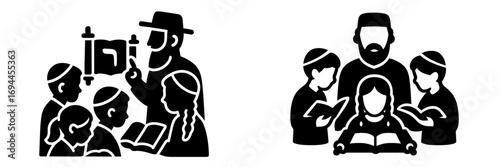 Set of black glyph icons depicting Jewish religious life and education with a rabbi teaching children from a Torah scroll and a father studying with his family