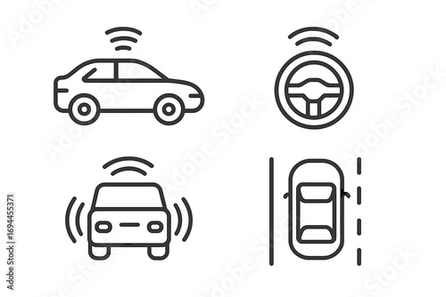 Smart car technology line icon set with autonomous driving, parking assist, and collision avoidance symbols