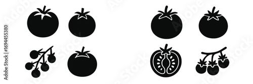 Set of black tomato icons showing whole, sliced, and cherry tomatoes on the vine for food and agriculture concepts