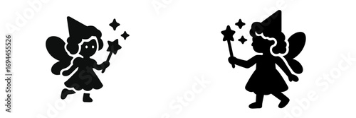Black silhouette icon set of a cute fairy character with wings and a magic wand casting a spell with stars isolated on a white background