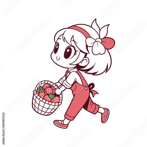 Cute anime girl carrying a basket of strawberries kawaii style illustration red overalls bow happy expression summer vibes