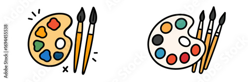 Doodle art palette and paintbrush icon set for creative projects and artistic hobbies isolated on a white background