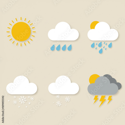 A graphic design displaying various weather conditions, each represented by unique icons. These icons depict a sunny day, rain, snow, and thunderstorms. 