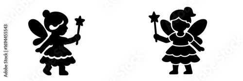 Black silhouette of a cute fairy girl with wings holding a magic wand with a star, isolated on a white background