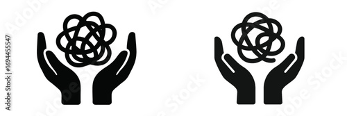 Conceptual icon set of hands untangling a complex knot symbolizing mental health challenges, confusion, anxiety, and problem solving