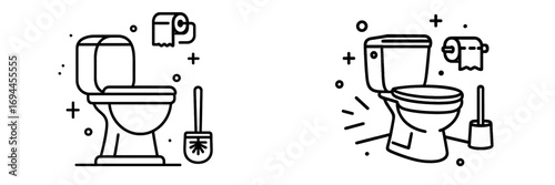 Toilet bowl with toilet paper and brush line icon set for bathroom and restroom hygiene concept isolated on white